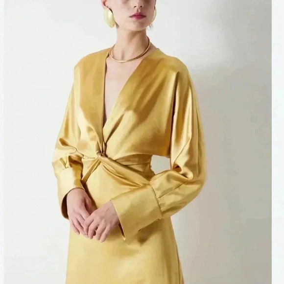 Zara Dresses & Skirts - [XS]Zara Knotted V-Neck Satin Effect  Midi Dress in Gold Casual Elegant Women